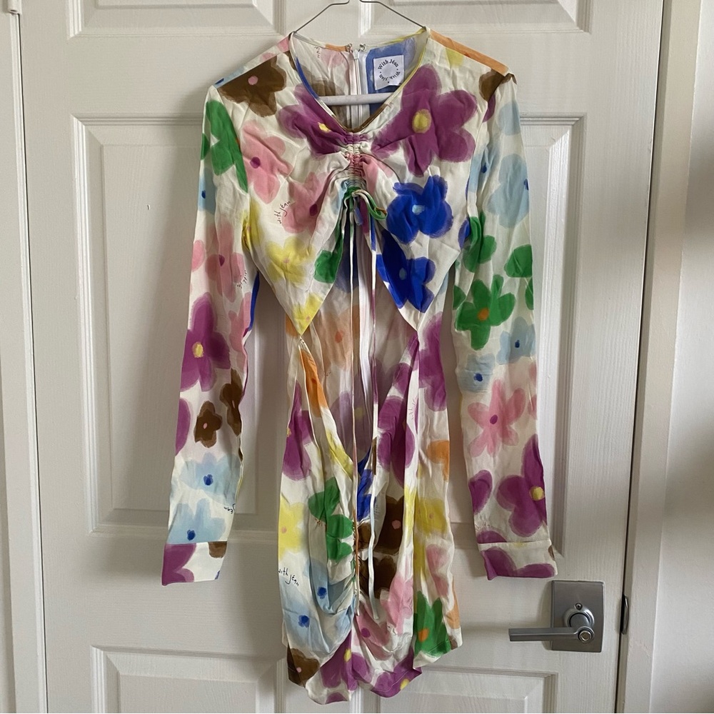 With Jean Mini Watercolor Floral Hermana Dress with Ruched Detail + Cutout